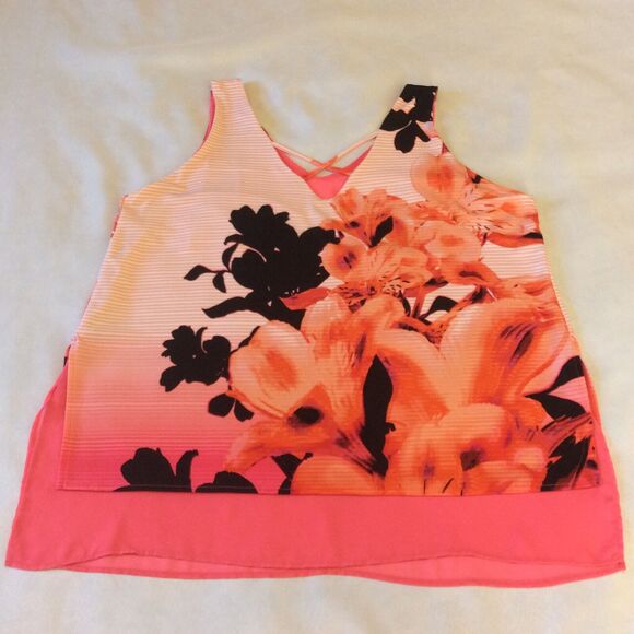 Worthington Woman’s Size PXL Pink Black Floral Sheer Layered Tank/TunIc/Blouse - Picture 7 of 7